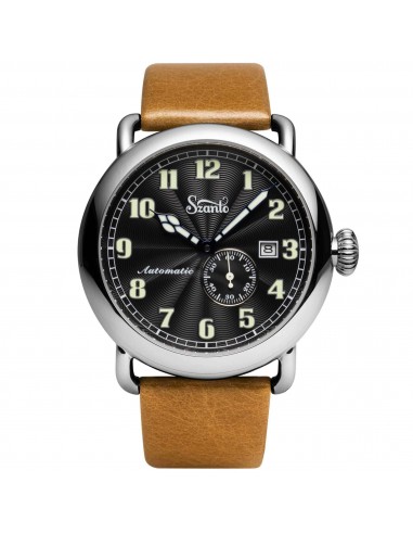 Szanto Men's Automatic Watch - Officer Classic Round Black Dial Tan Strap | SZ 6302E sur le site 