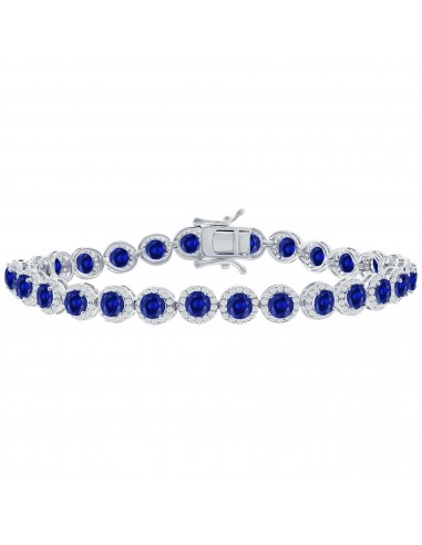 Classic Women's Bracelet - Silver Round Halo White and Sapphire CZ Tennis | T-7973 meilleur choix